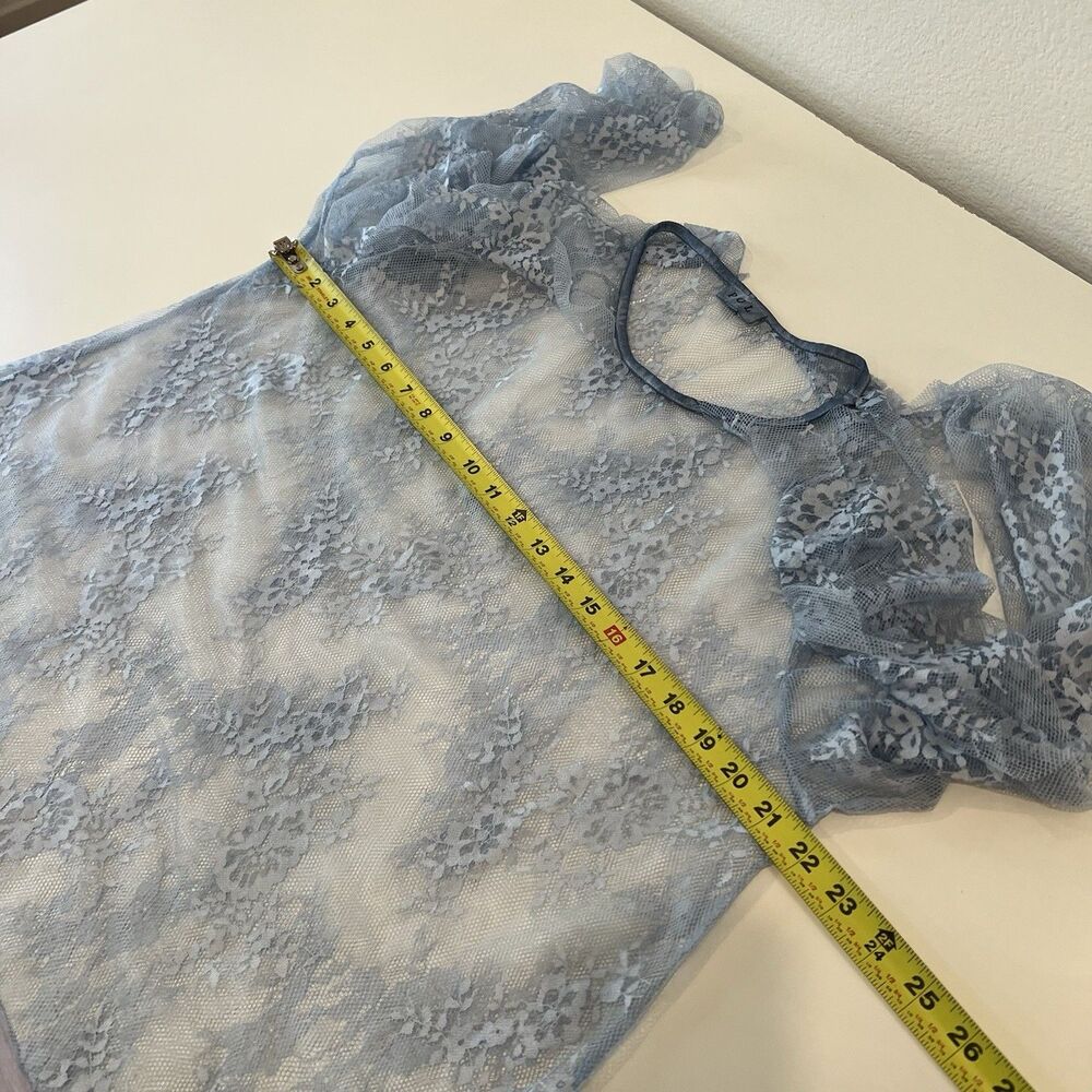 Pol Women’s Blue Floral Sheer Lace Blouse  Ruffled Shoulder L Fairy Whimsical - Picture 8 of 9